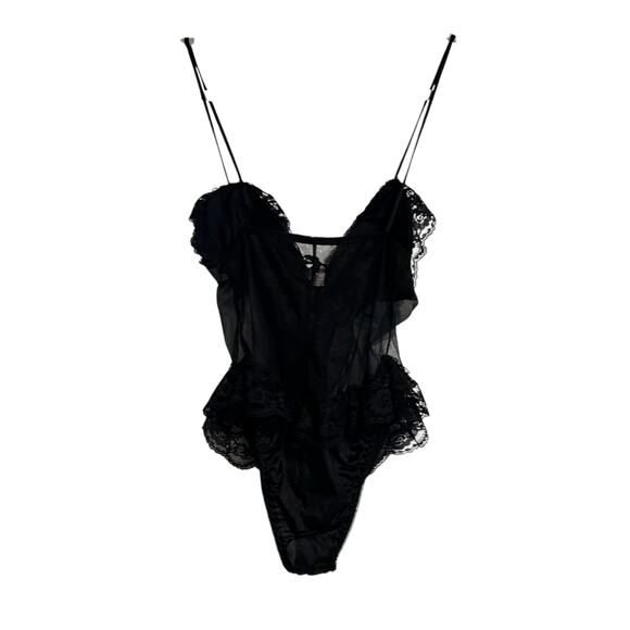 Vintage Black Sheer Lace Body Suit Womens Sz XS Whimsigoth Dark Romance Ruffles - Picture 2 of 16